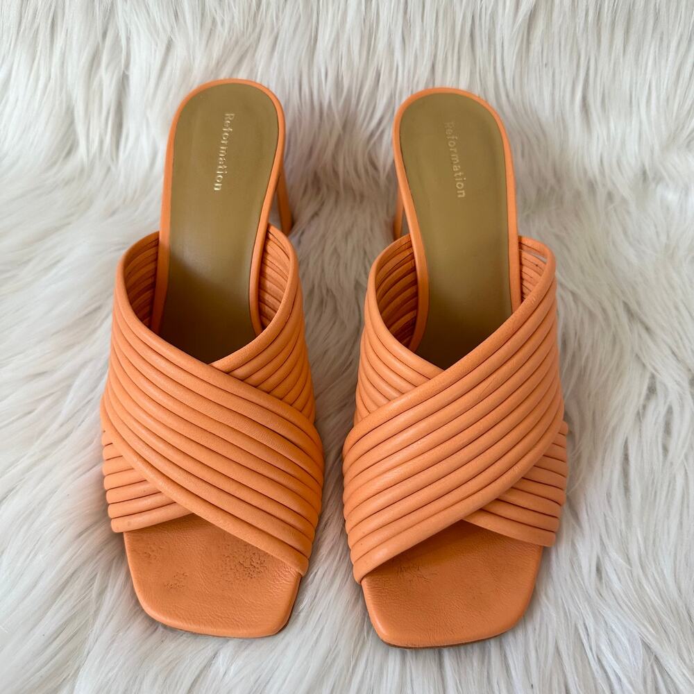 REFORMATION Lila Tubular Heeled Leather Sandals Mules Square Toe Block Heels - Picture 3 of 15
